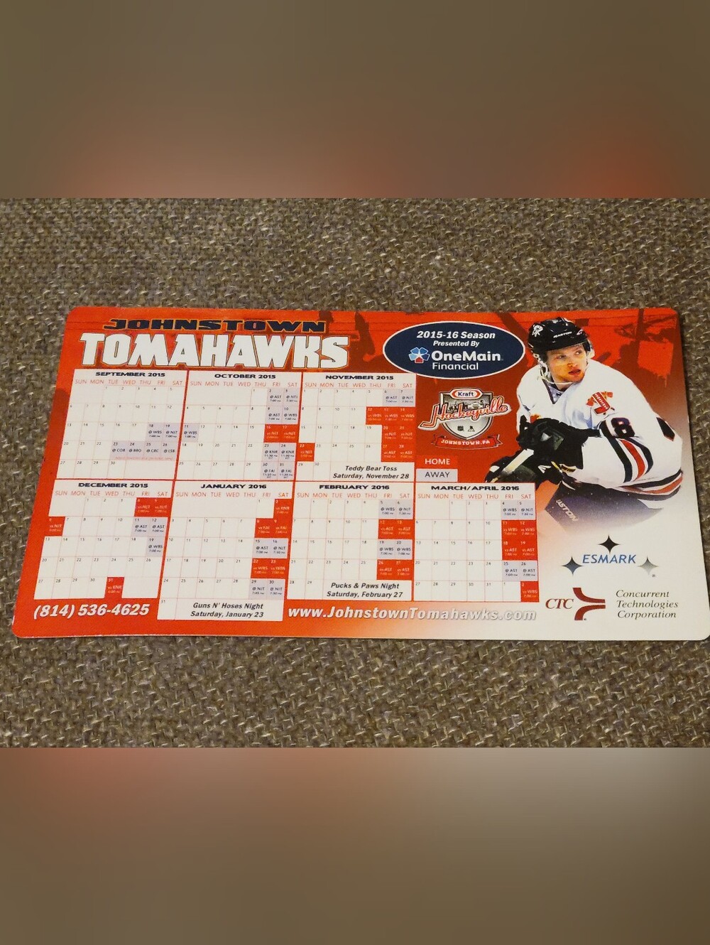 Johnstown Tomahawks NAHL 2015-2016 Season Magnetic Schedule